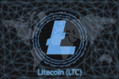 Litecoin (Ltc) Soyut Kripto para birimi. Karanlık bir geçmişi ve bir dünya haritası var. Tasarımınız için grafiksel kavram.