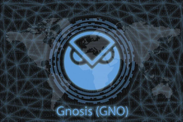 Gnose (GNO) Résumé Crypto-monnaie. Avec un fond sombre et une carte du monde. Concept graphique pour votre design . — Photo