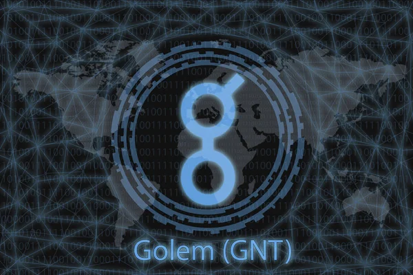 Golem (GNT) Résumé Crypto-monnaie. Avec un fond sombre et une carte du monde. Concept graphique pour votre design . — Photo