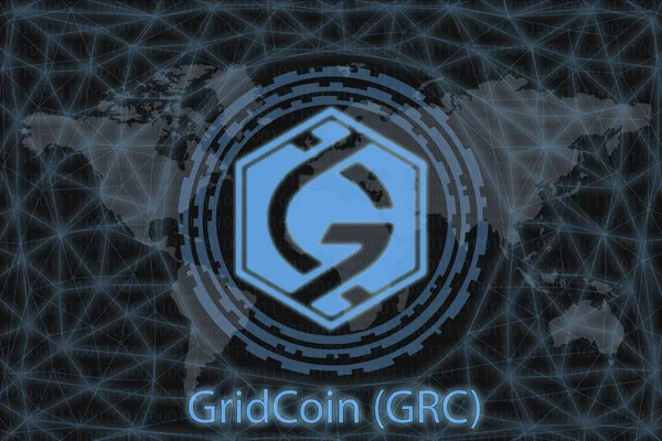 GridCoin (GRC) Resumen Criptomoneda. Con un fondo oscuro y un mapa mundial. Concepto gráfico para su diseño . — Foto de Stock