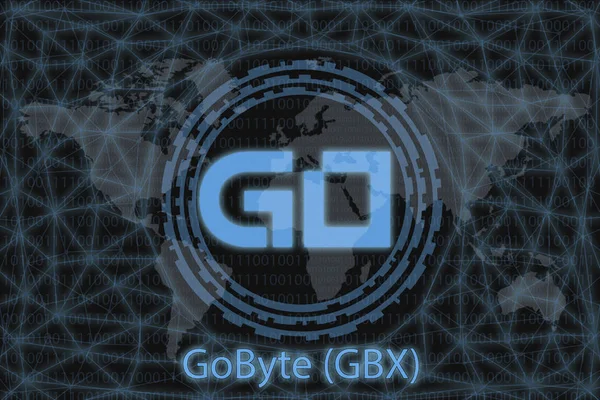 GoByte (GBX) Résumé Crypto-monnaie. Avec un fond sombre et une carte du monde. Concept graphique pour votre design . — Photo