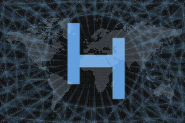 Huntercoin (Huc) Abstrakt Cryptocurrency. Med mörk bakgrund och världskarta. Grafiskt koncept för din design. — Stockfoto