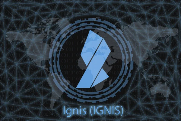 Ignis (IGNIS) Cryptocurrency abstrak. Dengan latar belakang gelap dan peta dunia. Konsep grafis untuk desain Anda . — Stok Foto