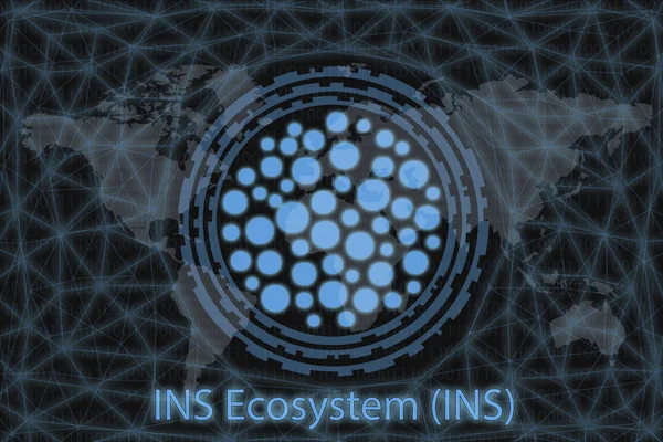 Ins Ekosystem (Ins) Abstrakcyjny kryptowaluta. Z ciemnym tłem i światową mapą. Koncepcja graficzna dla Twojego projektu. — Zdjęcie stockowe