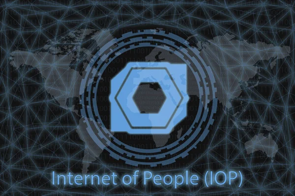 Internet of People (Iop) Streszczenie Kryptowaluta. Z ciemnym tłem i światową mapą. Koncepcja graficzna dla Twojego projektu. — Zdjęcie stockowe