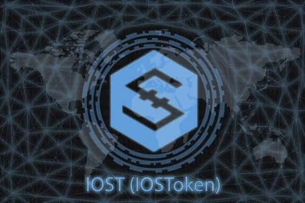 IOST (IOSToken) - абстрактная криптовалюта. С тёмным фоном и картой мира. Графическая концепция дизайна . — стоковое фото