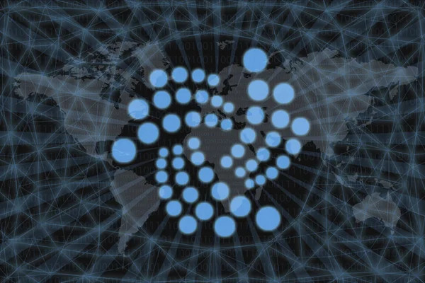 IOTA (MIOTA) Абстрагируется от криптовалюты. С тёмным фоном и картой мира. Графическая концепция дизайна . — стоковое фото