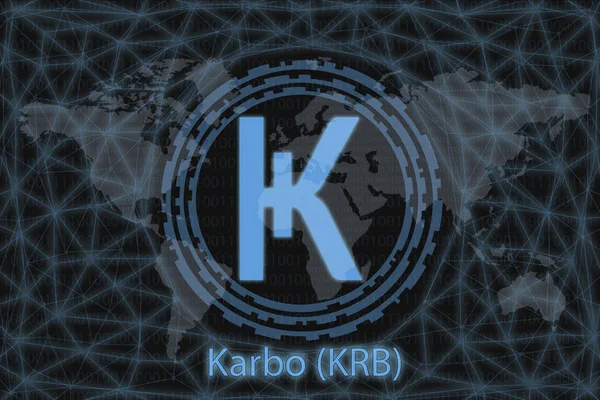 Karbo (KRB) Cryptocurrency abstrak. Dengan latar belakang gelap dan peta dunia. Konsep grafis untuk desain Anda . — Stok Foto