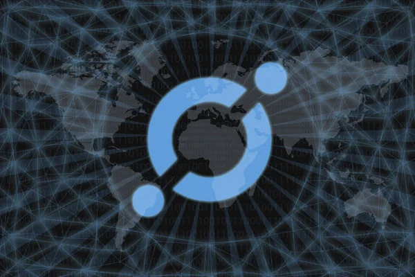 Абстрактная криптовалюта ICON. С тёмным фоном и картой мира. Графическая концепция дизайна . — стоковое фото
