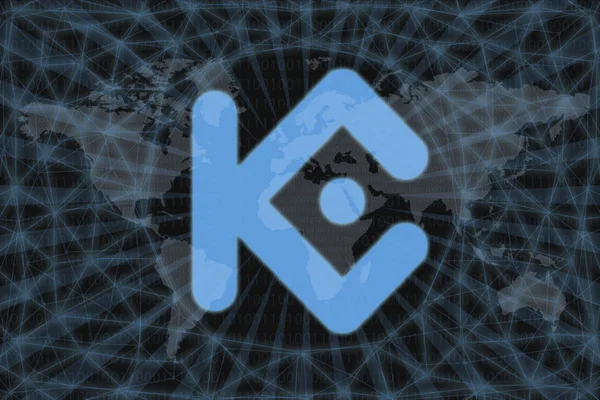 Αφηρημένη Cryptocurrency Kucoin Shares (Kcs). Με σκοτεινό φόντο και παγκόσμιο χάρτη. Γραφική ιδέα για το σχεδιασμό σας. — Φωτογραφία Αρχείου