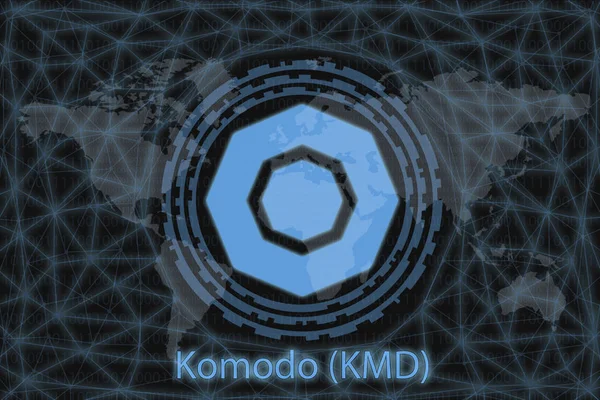 Komodo (KMD) Cryptocurrency Abstrak. Dengan latar belakang gelap dan peta dunia. Konsep grafis untuk desain Anda . — Stok Foto