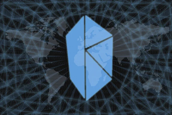 Kyber Network (KNC) Resumen Criptomoneda. Con un fondo oscuro y un mapa mundial. Concepto gráfico para su diseño . — Foto de Stock