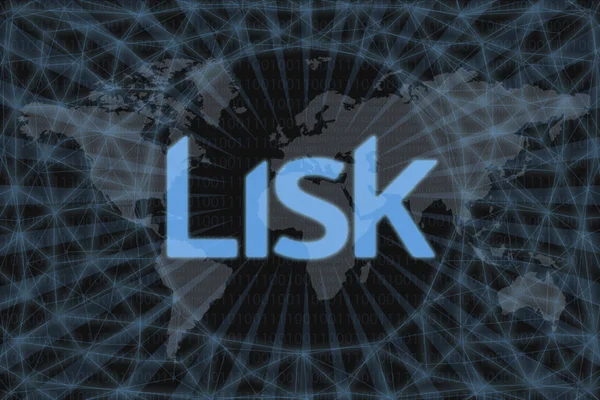 Lisk (LSK) Cryptocurrency abstrak. Dengan latar belakang gelap dan peta dunia. Konsep grafis untuk desain Anda . — Stok Foto