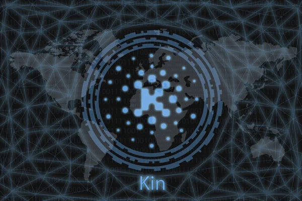 親族要約暗号通貨。暗い背景と世界地図で。あなたのデザインのグラフィックコンセプト. — ストック写真