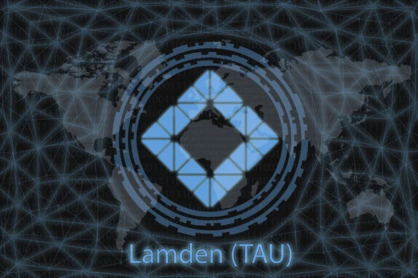 Lamden (TAU) Resumen Criptomoneda. Con un fondo oscuro y un mapa mundial. Concepto gráfico para su diseño . — Foto de Stock