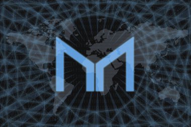 Yapıcı (Mkr) Soyut Şifreleme Birimi. Karanlık bir geçmişi ve bir dünya haritası var. Tasarımınız için grafiksel kavram.