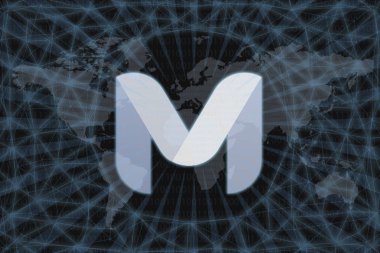 Monetha (Mth) Soyut Kripto Para Birimi. Karanlık bir geçmişi ve bir dünya haritası var. Tasarımınız için grafiksel kavram.