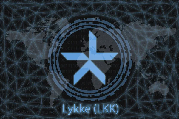 Lykke (LKK) Cryptocurrency abstrak. Dengan latar belakang gelap dan peta dunia. Konsep grafis untuk desain Anda . — Stok Foto