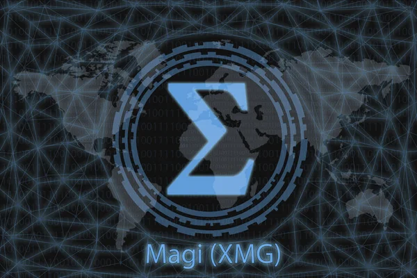 Magi (XMG) Cryptocurrency abstrak. Dengan latar belakang gelap dan peta dunia. Konsep grafis untuk desain Anda . — Stok Foto