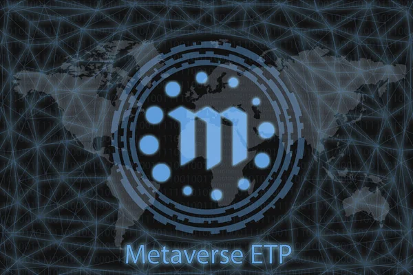 Метаверс ETP Абстрактная криптовалюта. С тёмным фоном и картой мира. Графическая концепция дизайна . — стоковое фото