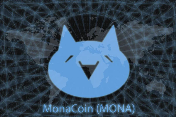 MonaCoin (MONA) Resumen Criptomoneda. Con un fondo oscuro y un mapa mundial. Concepto gráfico para su diseño . — Foto de Stock