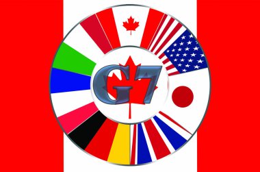 Büyük yedili bayraklar Kanada bayrağının arka planında daire şeklinde..