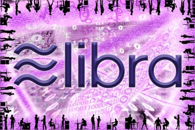 Siyah zemin üzerinde tüneller olan ikili kodların Violet arkaplanına karşı kripto para birimi logosu.