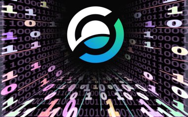 Ufuk (Hz) şifreli para birimi. Siyah arkaplanda ikili kod tüneli