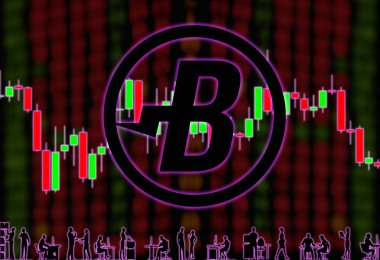 Patlayıcı madeni para (Patlama) kripto para birimi. Bulanık numaralar ve şamdanın arkaplanı. Ofis çalışanlarının siluetleri.