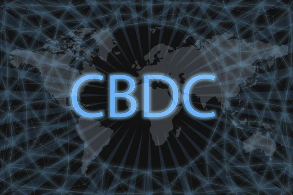 CBDC（中央银行数字货币）摘要加密货币。有黑暗的背景和世界地图为您的设计提供图形化概念. — 图库照片