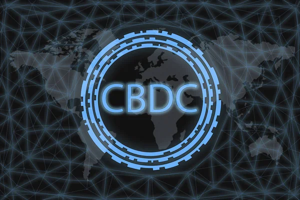 CBDC (Central Bank Digital Currency) 는 Cryptocurrency 의 준말이다. 어두운 배경과 세계 지도를 가지고 있지. 당신의 디자인을 위한 그래픽 컨셉. — 스톡 사진