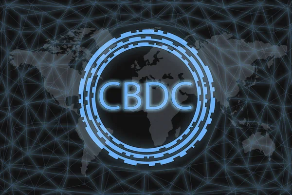 CBDC (Central Bank Digital Currency) Abstract Cryptocurrency. With a dark background and a world map. Graphic concept for your design.