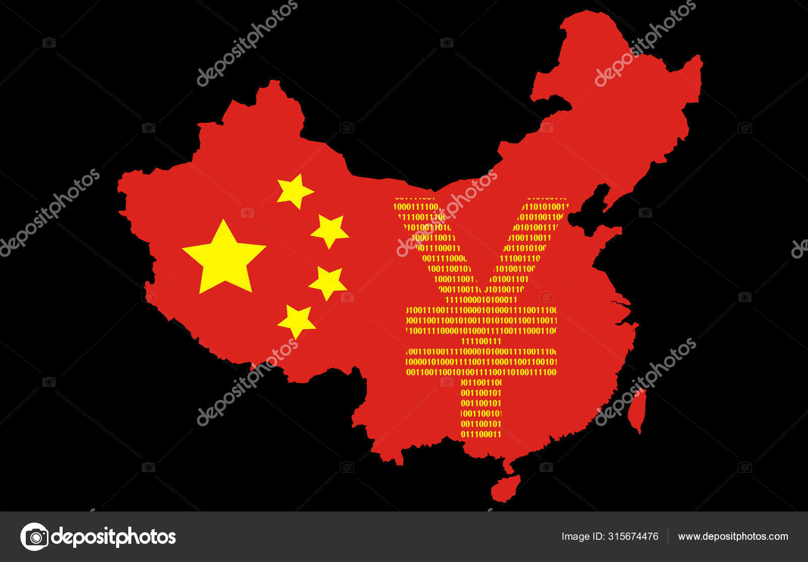 中国地图的轮廓由二进制代码与日元符号在黑色背景。 中国数字货币概念. ——图库图片© magri1 #315674476