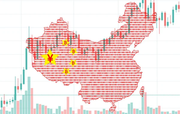 Cina memetakan siluet yang terbuat dari kode biner dengan simbol yen pada bintang-bintang di latar belakang putih. Konsep Mata Uang Digital China . — Stok Foto