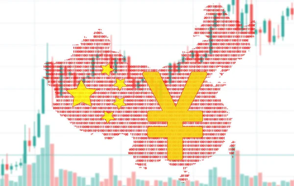 China map silhouette made of binary code against the background of the digital currency rate of China. China Digital Currency Concept.