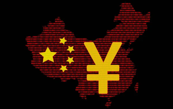 Silhouette of a China map made of binary code with the symbol of the Chinese digital yen, on a black background. China Digital Currency Concept.