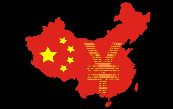 China mapa silueta hecha de código binario con símbolos de yen sobre un fondo negro. Concepto de moneda digital de China . —  Fotos de Stock