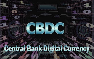 Siyah arkaplanda ikili kod tüneli. CBDC yazıtları. Dijital Para Birimi Merkez Bankası