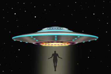 Yıldızlı bir gökyüzünün arka planına karşı bir ışık demeti boyunca yükselen tanımlanamayan uçan bir cisim. UFO 'su olan tasarımcılar için UFO kavramı. Metnin için yer.