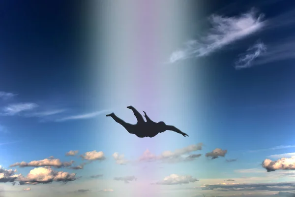 The dark silhouette of the soul of a deceased person ascends to heaven against a background of clouds. Afterlife, the concept of the immortality of the soul. 3D rendering