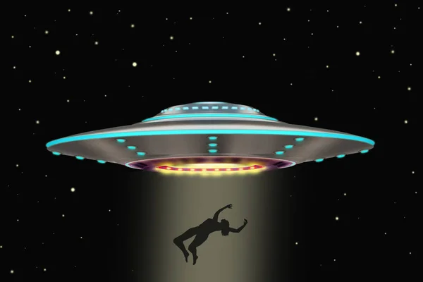 Unidentified flying object with the ascension of a person along a ray of light against the background of a starry sky. UFO Concept for designers with a UFO. With place for your text.