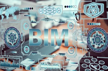 İş dünyası, teknoloji, internet ve geleceğin bilgisayar ağı kavramı. Genç adam neon hologram ekranla çalışıyor. Hologram yazıtlarının ekranında: BIM İnşaat Bilgileri Modelleme