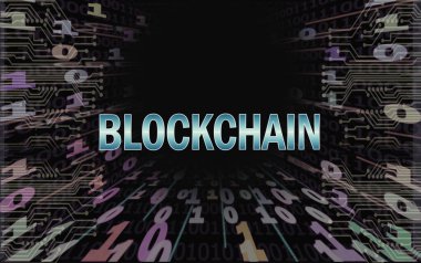 Siyah arkaplanda ikili kod tüneli. BLOCKCHAIN yazıtları. Merkez Bankası dijital para birimi kavramı