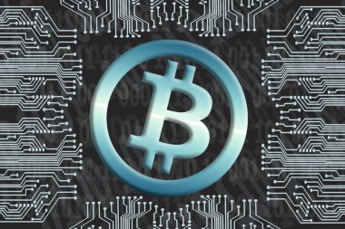 Karanlık bir arka planda ikili kod ve devre kartı. Bitcoin şifreleme sembolü. Dijital para birimi kavramı, Engelleme zinciri, kripto para madenciliği.