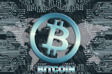 Karanlık arka planda dünya haritası olan ikili kod ve devre kartı. Bitcoin şifreleme sembolü. Dijital para birimi kavramı, Engelleme zinciri, kripto para madenciliği.