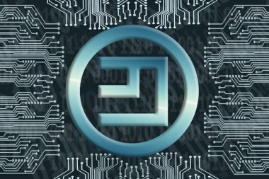 Karanlık bir arka planda ikili kod ve devre kartı. Emercoin EMC kripto para birimi sembolü. Dijital para birimi kavramı, Engelleme zinciri, kripto para madenciliği.