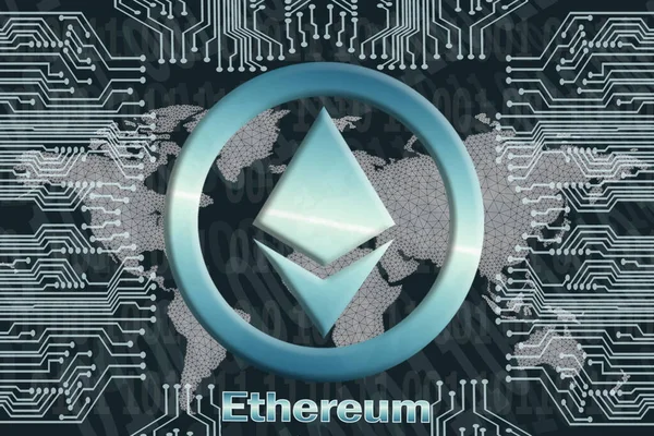 Binary code and circuit board with world map net on a dark background. Ethereum ETH cryptocurrency symbol. Concept of digital currency, Blockchain, cryptocurrency mining.