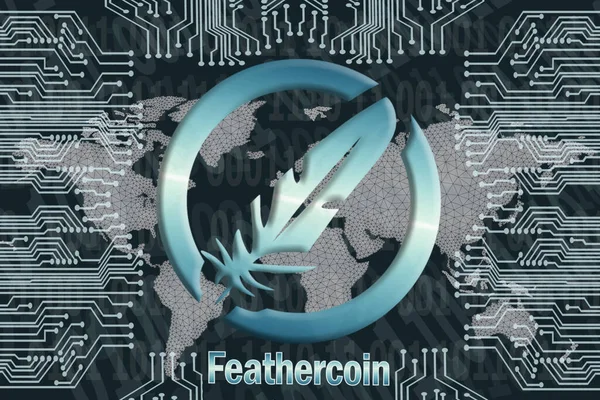 Binary code and circuit board with world map net on a dark background. feathercoin (FTC) cryptocurrency symbol. Concept of digital currency, Blockchain, cryptocurrency mining.