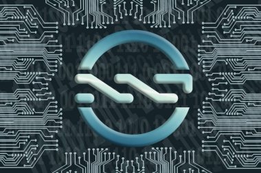 Karanlık arka planda dünya haritası olan ikili kod ve devre kartı. NXT kripto para birimi sembolü. Dijital para birimi kavramı, Engelleme zinciri, kripto para madenciliği.