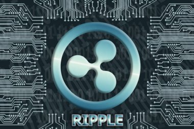 Karanlık bir arka planda ikili kod ve devre kartı. XRP şifreleme sembolü. Dijital para birimi kavramı, Engelleme zinciri, kripto para madenciliği.